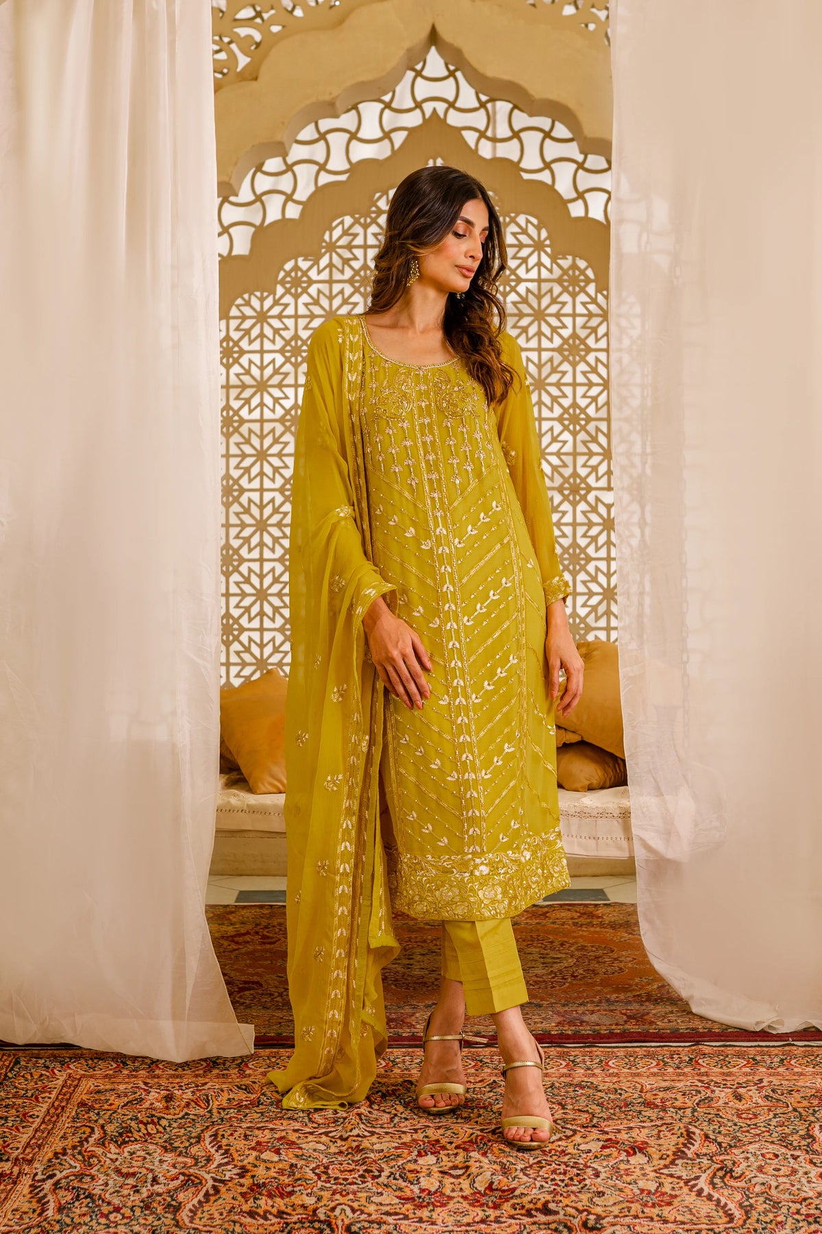 Sheep - Hand Embellished and Embroidered Chiffon Shirt with Raw Silk Pants and Chiffon Dupatta 3-Piece - SHP-358