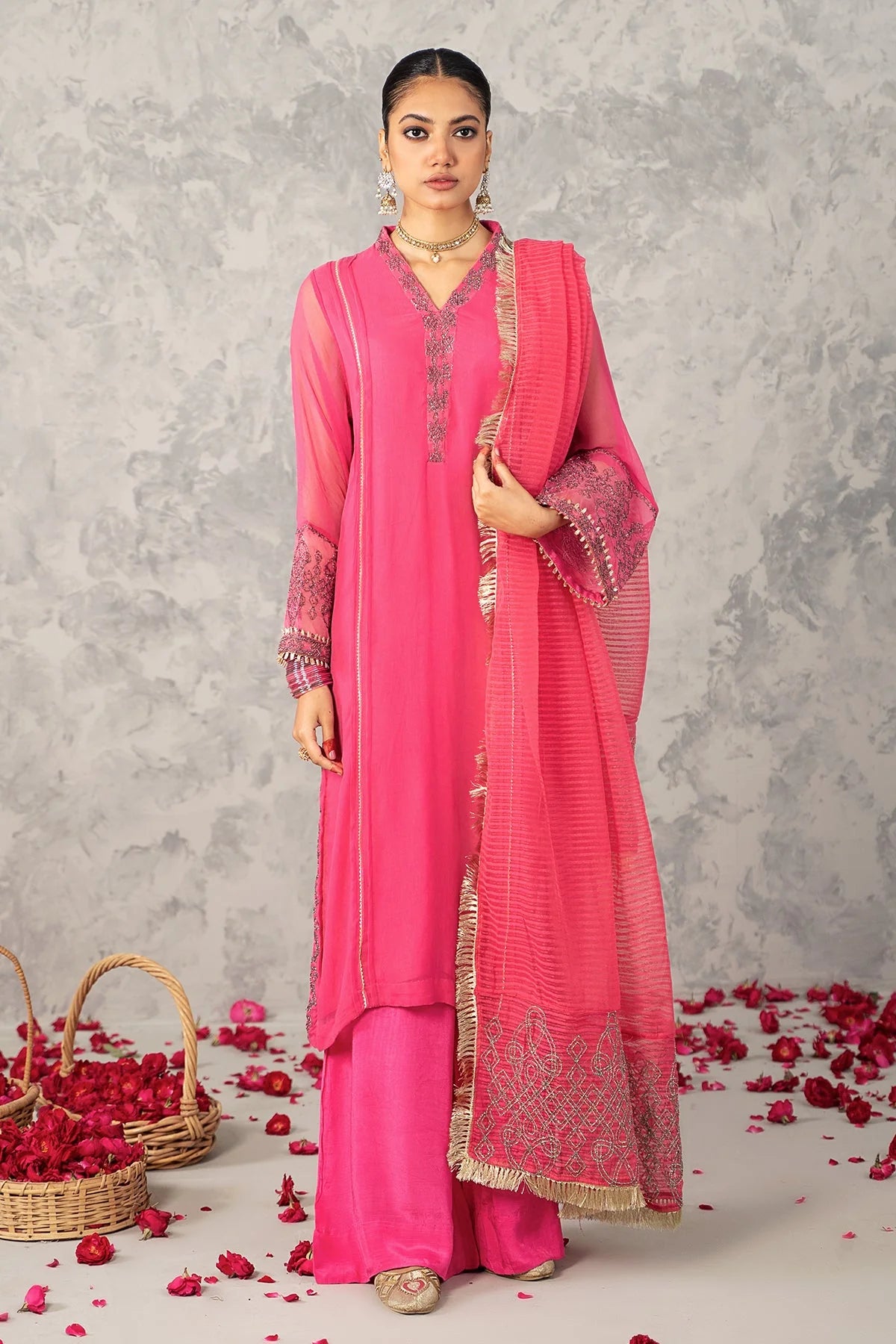 Brand Charizma - 3-PC Embroidered Poly Net Shirt with Net Dupatta and Trouser (Pink) - CHM-206