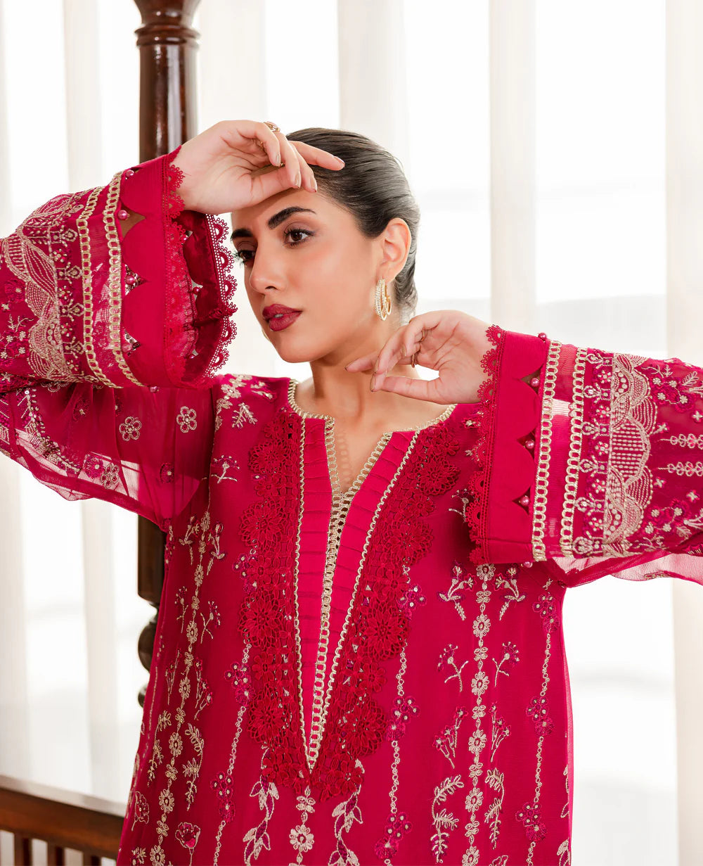 Chiffon embroidered shirt with chiffon dupatta and raw silk trouser - traditional Pakistani clothing