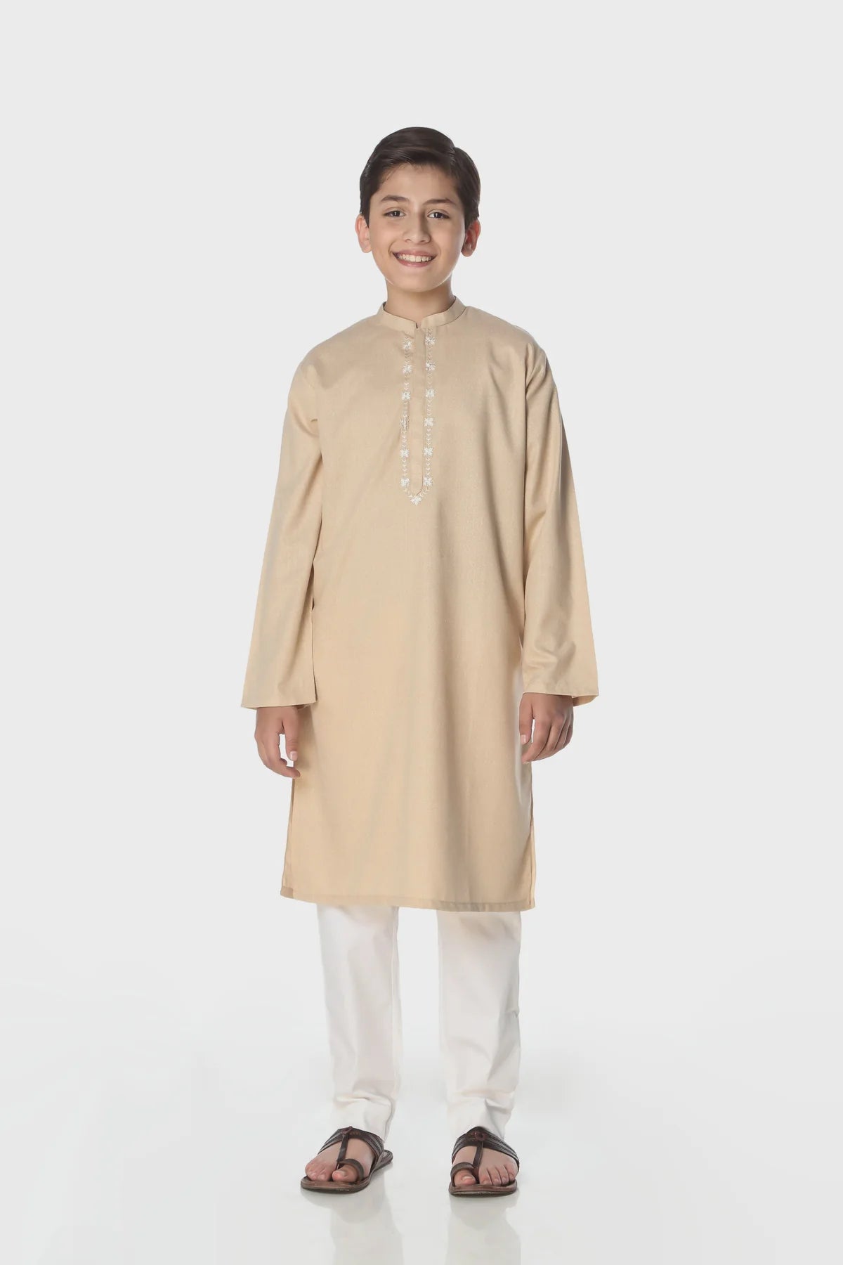 Traditional Pakistani clothing for kids - Minnie Minors beige boys karandi kurta with embroidery and white trouser