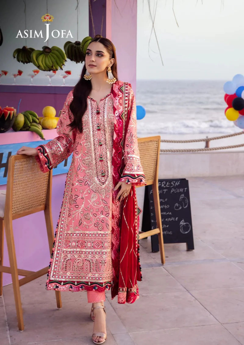 Traditional Pakistani clothing - Pink Embroidered 3 Pc Lawn Outfit by Brand Asim Jofa