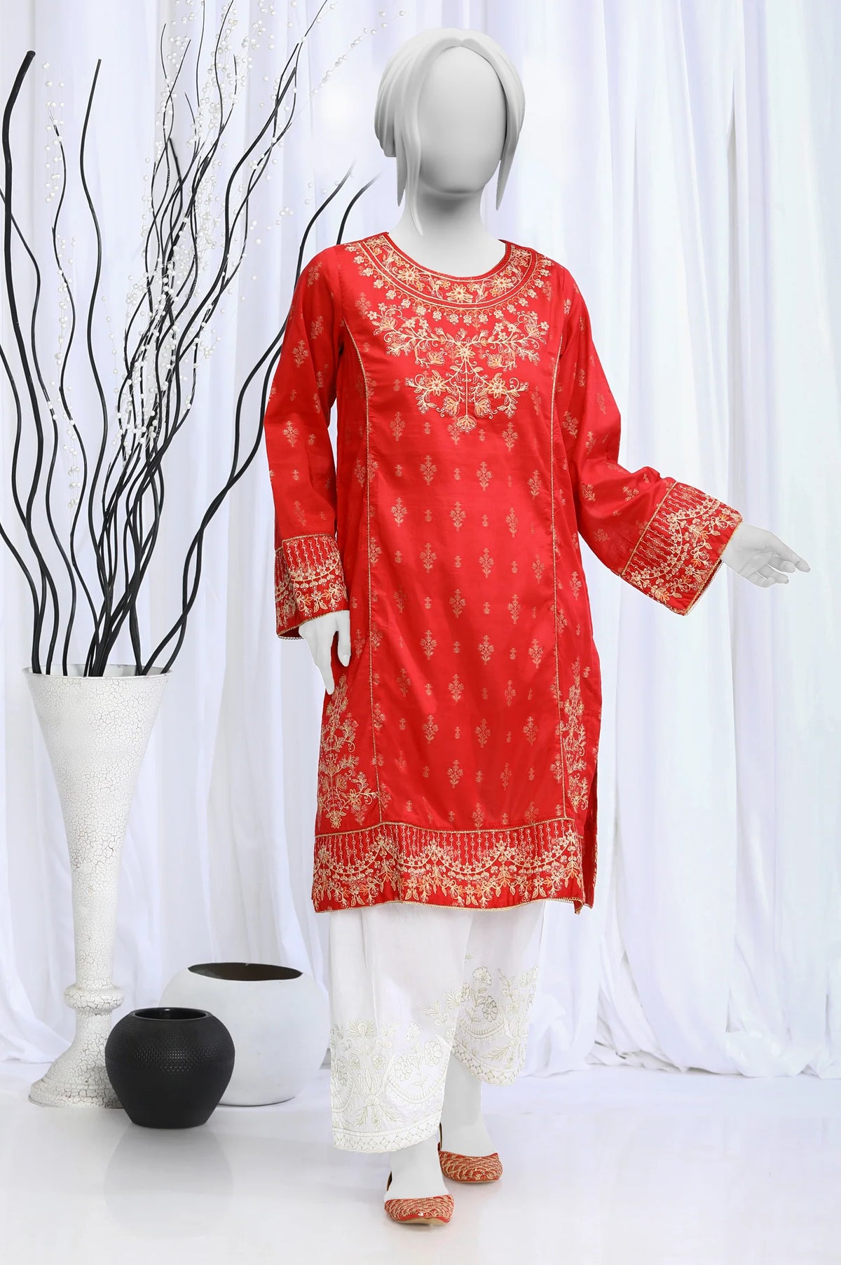 Pakistani top designers in Canada - embroidered red kurti by Brand Diners