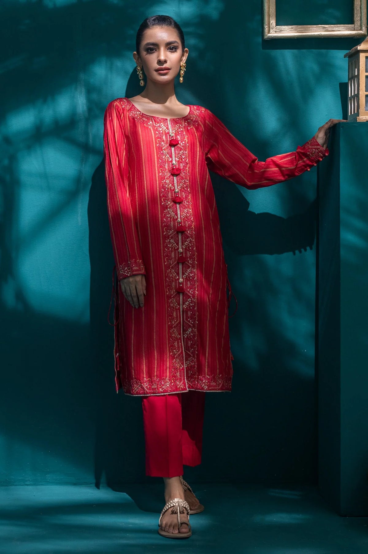 Brand Diners - Ruby Red Embroidered Jacquard Kurti - DIN-272