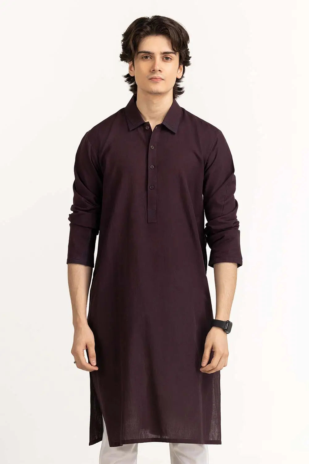 GulAhmed - Plum Cotton Styling Kurta - GUL-338