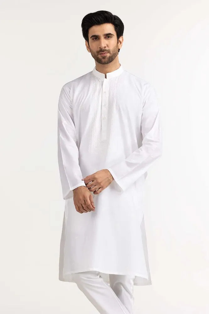 GulAhmed - White Embroidered Cotton Kurta for Men - GUL-340